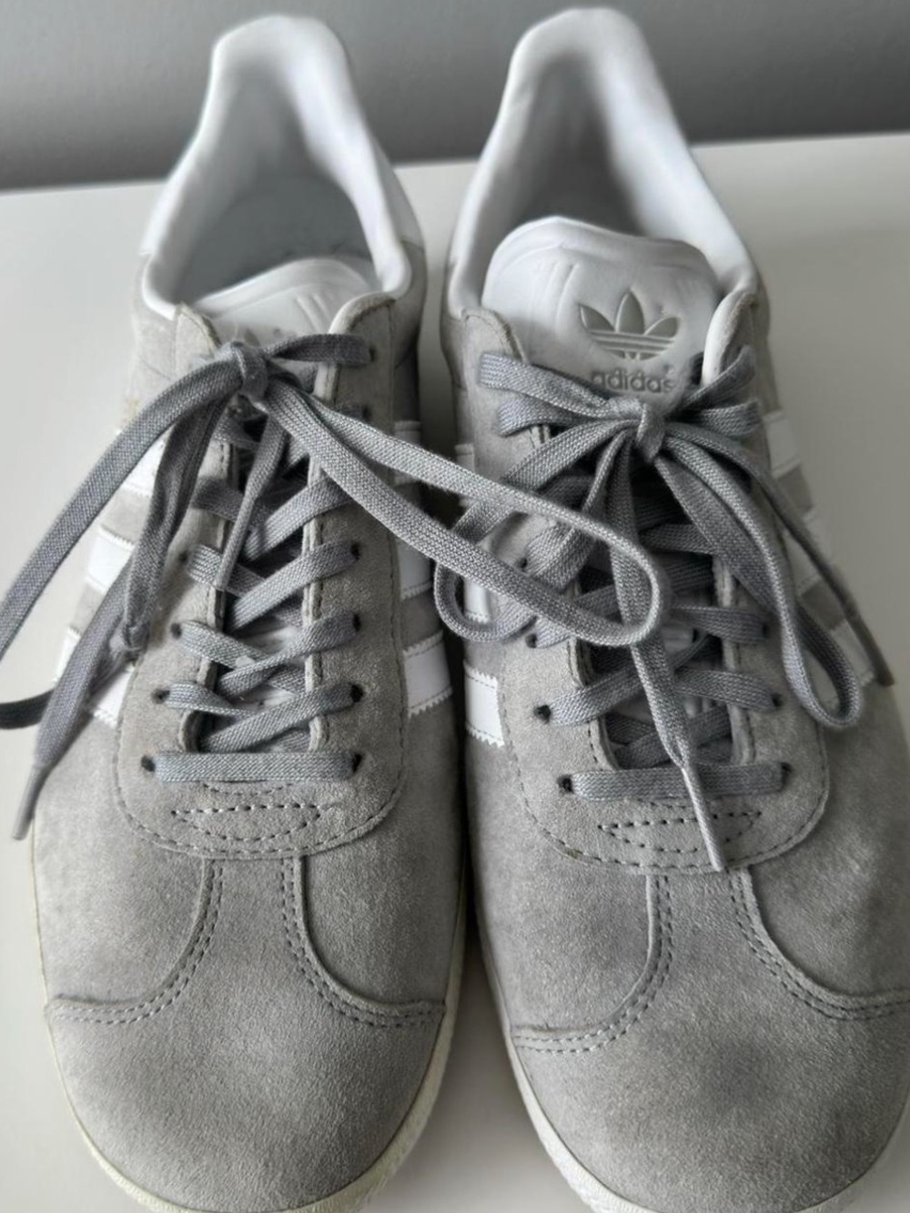 adidas Gray Suede Gazelle Sneakers with White Stripes
